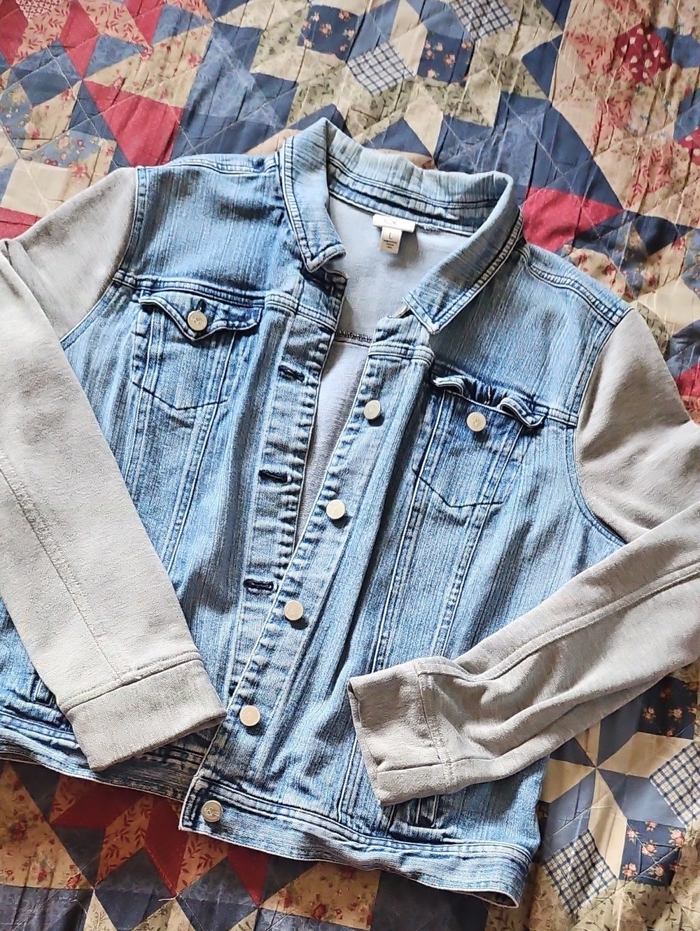 Style & Co. Light Blue Denim Jacket with Light Gray Knit Sleeves